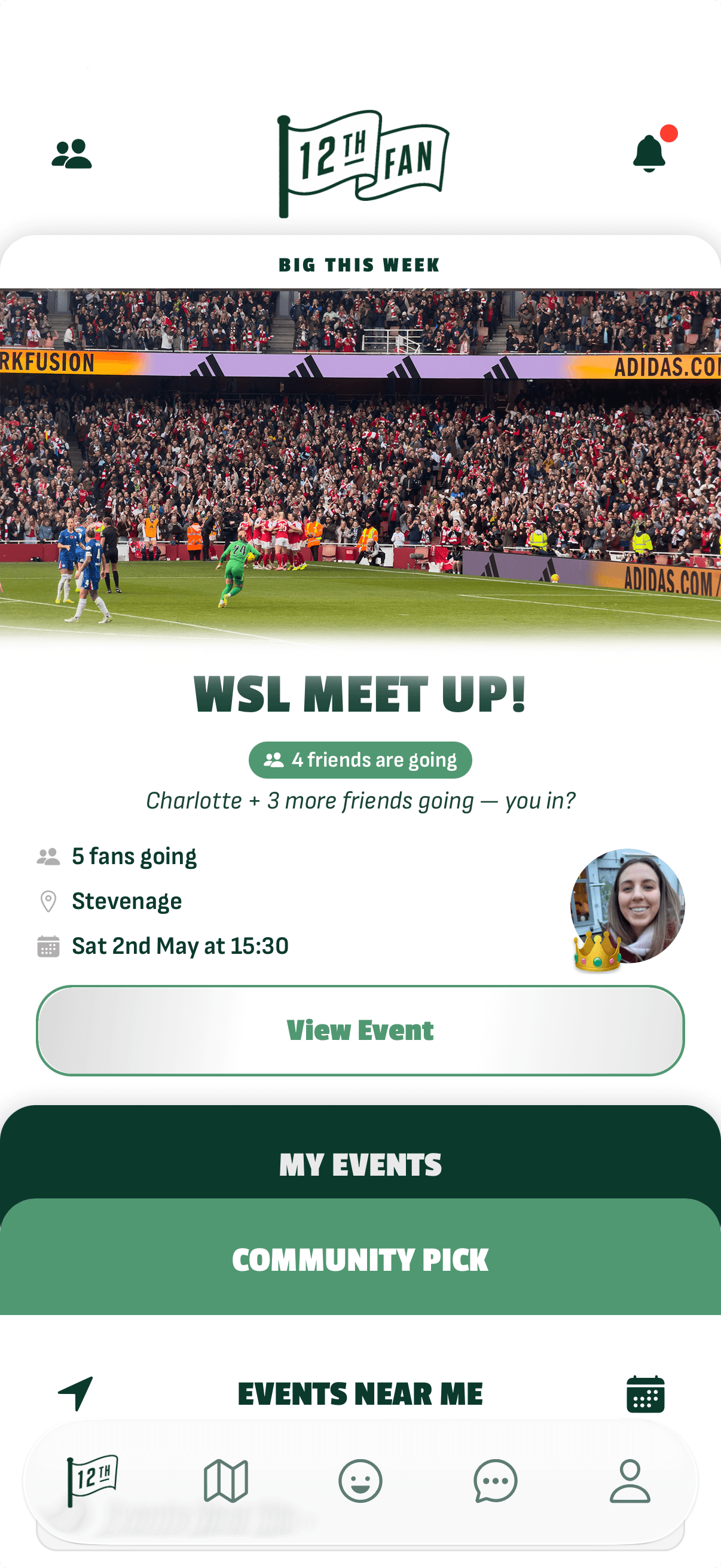 12th Fan app home screen with events and navigation